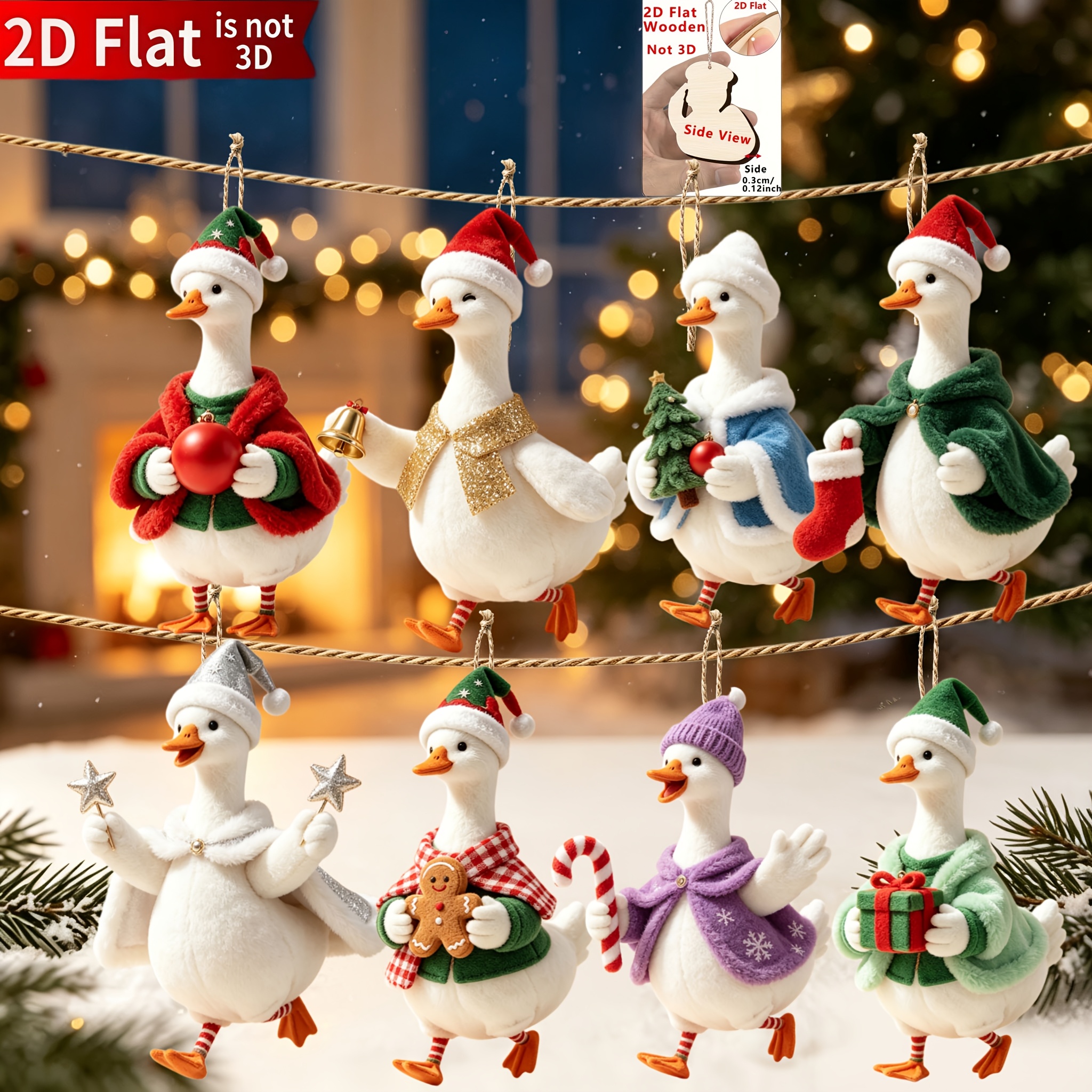TEMU 2d Flat, 8pcs Christmas Goose Wooden Ornaments Set With Hangers, Christmas, Halloween, Thanksgiving, Essential Items, Seasonal Home Decor, ,