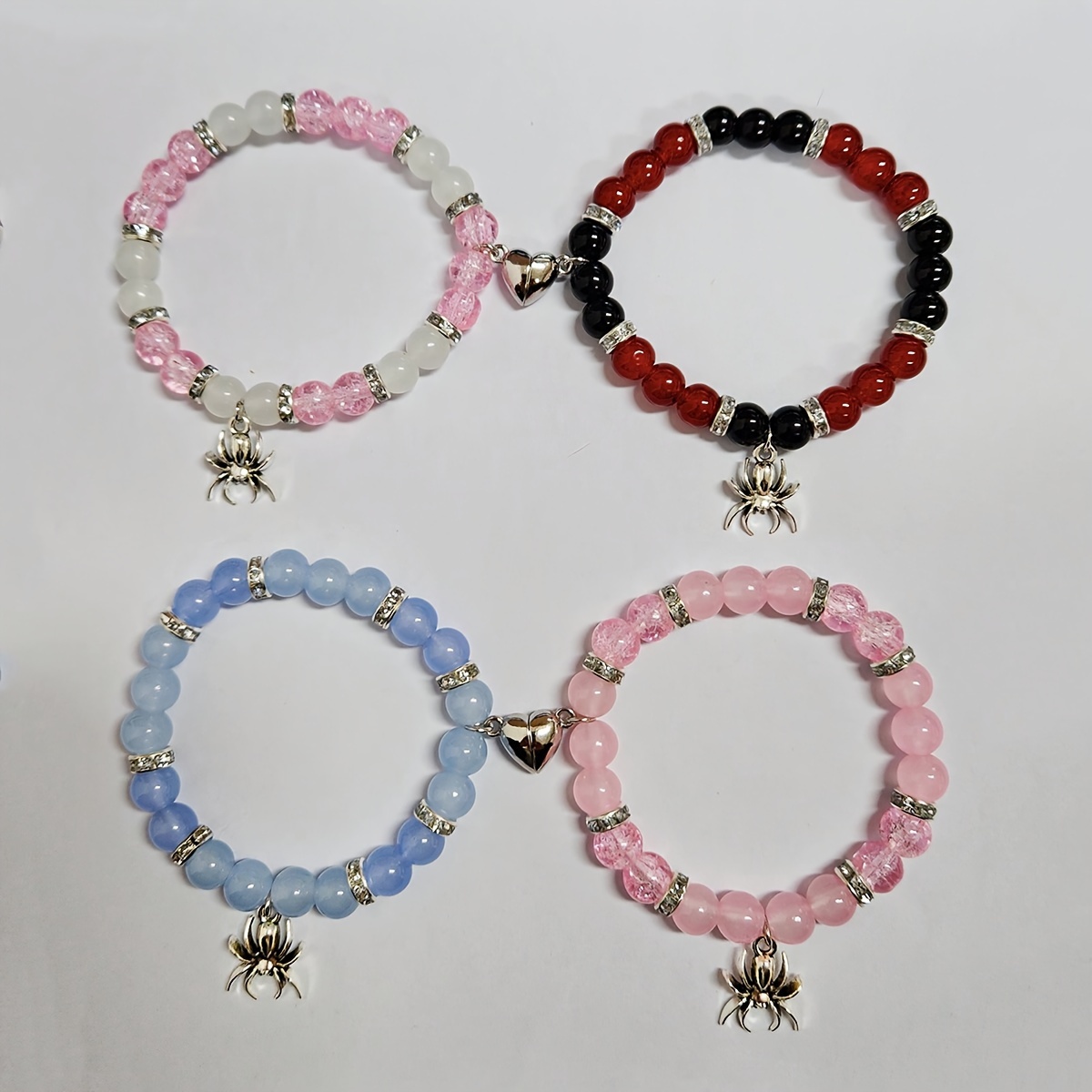 

Set Of 4pcs Colored Beaded Matching Bracelets For Couples, Spider Lovers Bracelets Heart Charm Bracelets Jewelry Gifts, Long Distance Relationship Gifts For Gf Bf Soulmate Valentine's Day Gift