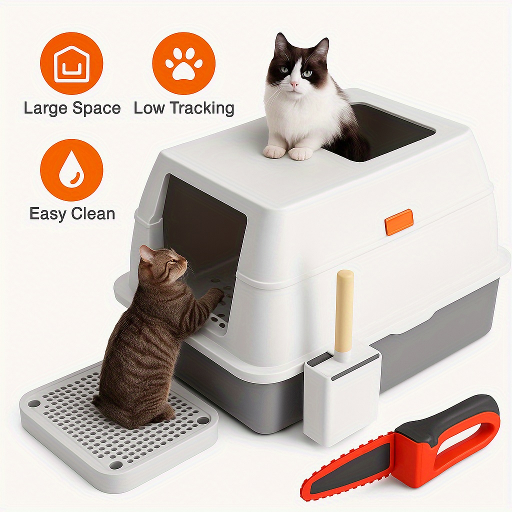 Stainless Steel Litter Box With Lid, 135° Flip-Top Extra Large Cat Litter Pan, E