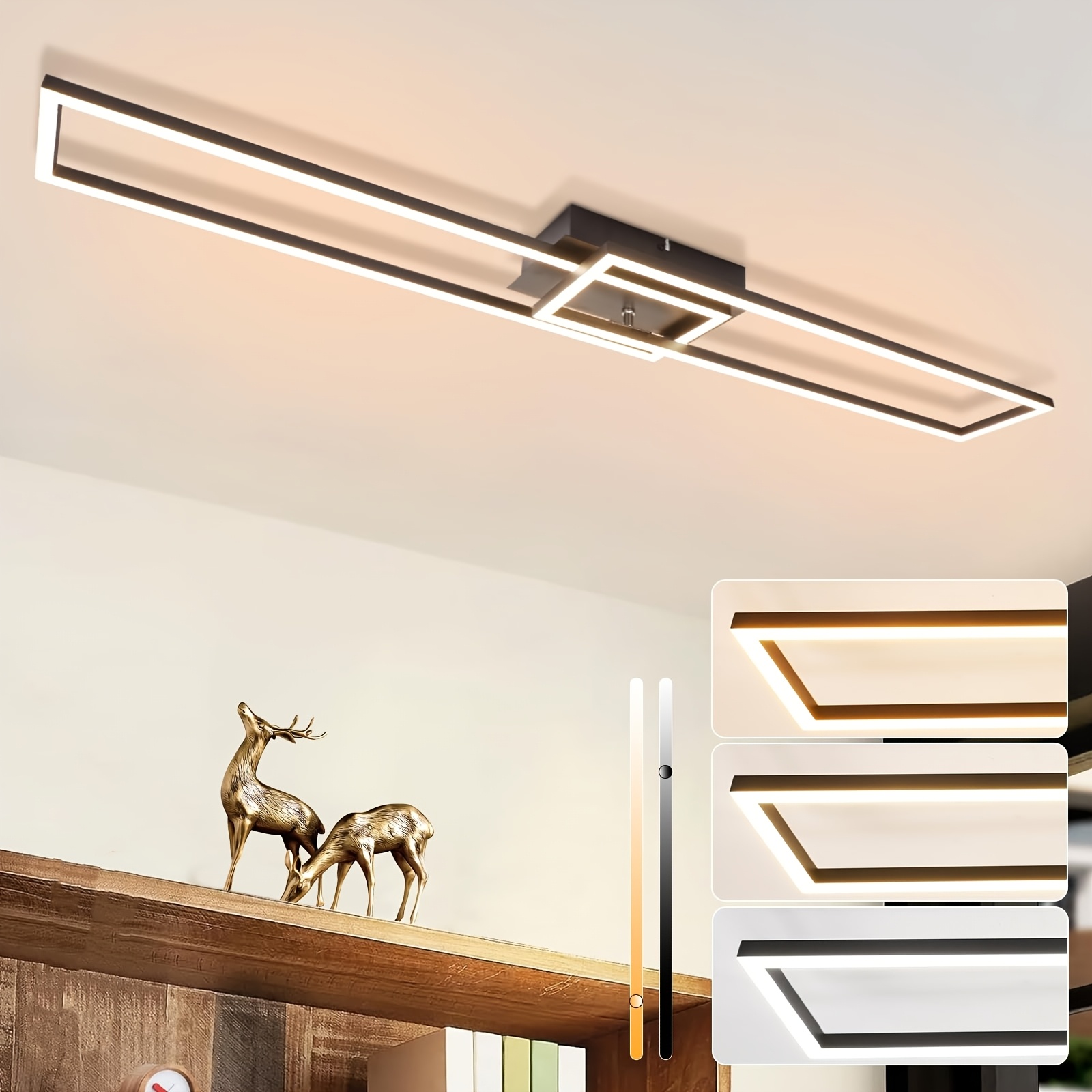 LED stropne luči za spalnice, spalnice in jedilnice; 2 črno okvirjene stropne luči, 102 cm; 36W pravokotna zasnova za jedilnice in