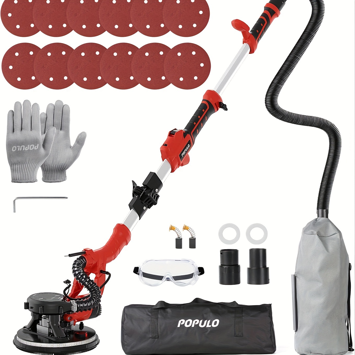 

Populo Drywall Sander, 810w 7a Electric Drywall Sander With Vacuum Attachment, 6 Variable Speed 1800rpm Power Ceiling Sander Tool With Led Light For Sanding Wall, Floor, Popcorn Ceiling Removal