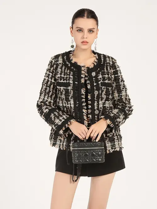 프린지 디테일과 짜여진 흰색 거위 솜털 충전재가 있는 우아한 트위드 체크 재킷 - 가을/겨울용 폴리에스터 안감이 있는 긴 소매 단추 코트