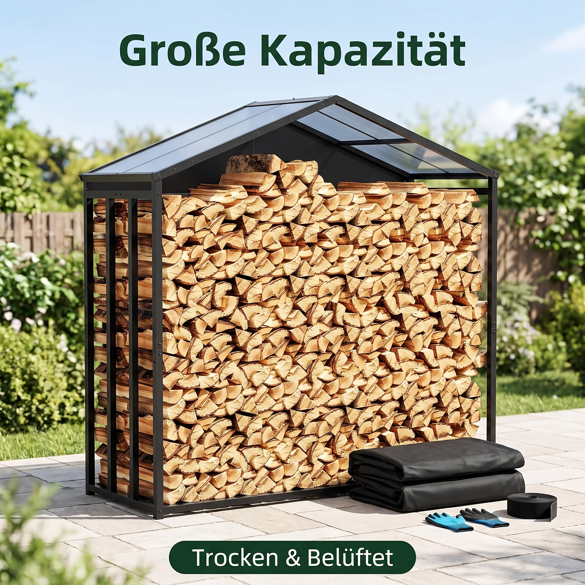Image of Large Metal Firewood Rack For Outdoor Use, Stable Wood Stacker With Roof Cover, Garden Storage For Firewood, , Space- Wood Storage Rack For Patio & Yard, 187x70x190cm
