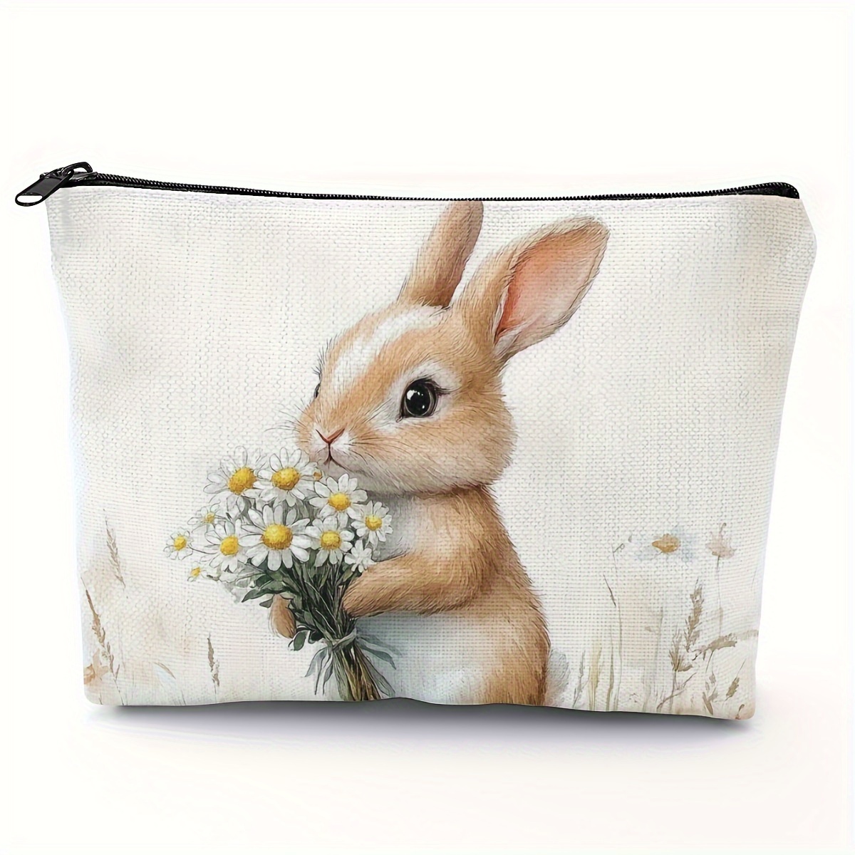 Image of Kawaii Bunny Makeup Bag - Polyester Casual Zippered Cosmetic Storage Pouch, Foldable Hand Washable Coin Purse With Rabbit Design, Versatile Organizer For Rabbit Enthusiasts - 5.51x8.66 Inches