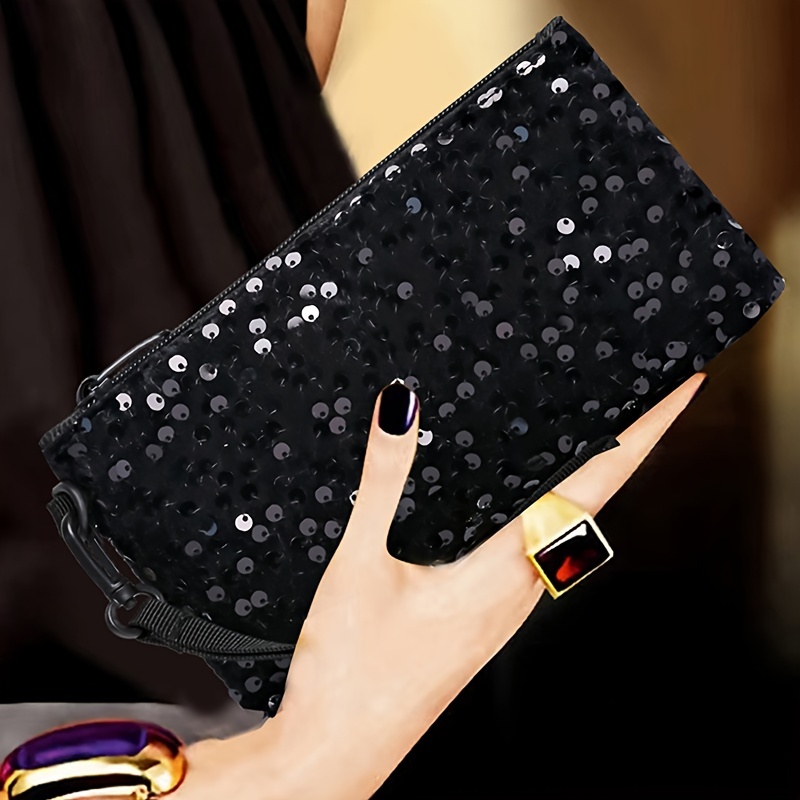 

Chic Black Sequin Clutch Wallet For Women - Sparkly Nylon Phone & Coin Purse With Zipper, Lightweight With Fixed Strap, Cute Wallet