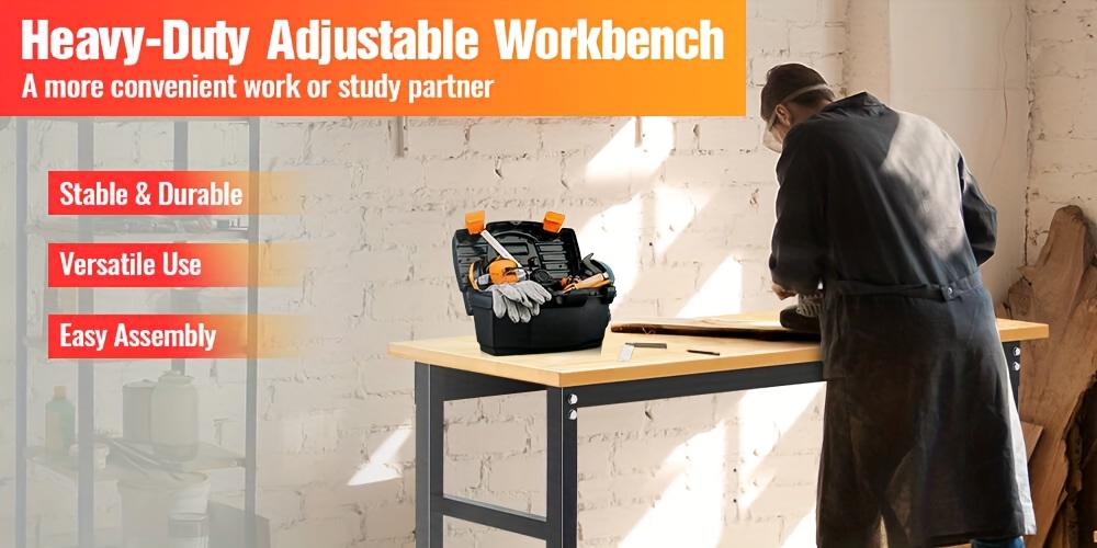 60"x24" Heavy Duty Adjustable Workbench with 2000 LBS Capacity, Rubber Wood Top & Metal Frame, Wheels for Mobility, Easy Assembly Garage Workshop Workstation for Home Office, Workbench for Garage
