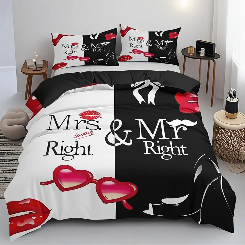 3pcs comfortable romantic couple themed duvet cover set soft high definition with black and white contrast perfect gift for machine washable 1 duvet cover 2 pillowcases no filling Product details 6
