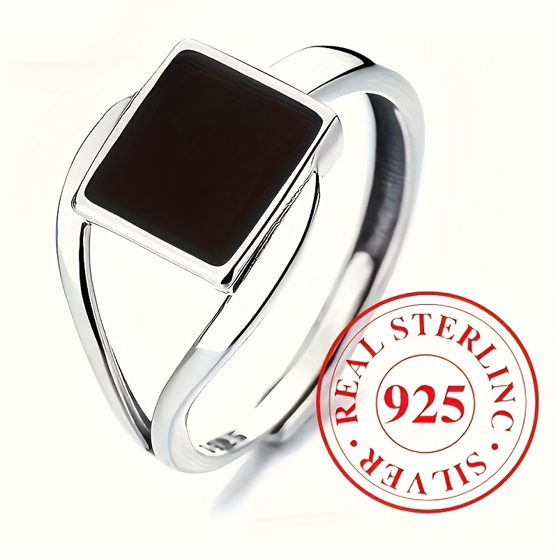 

925 Sterling Silver Personality Black Square Design Ring For Women Men Vacation Hip Hop Party Daily Wear Open Adjustable Ring