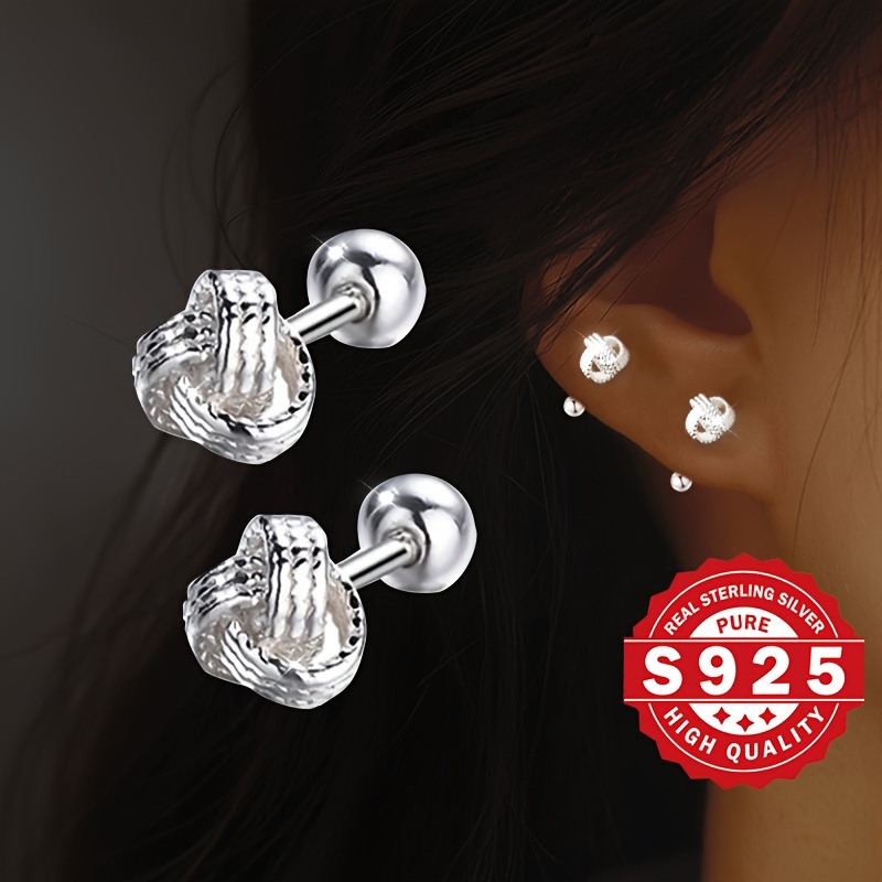 

925 Sterling Silvery Knotted Stud Earrings, Simple Fashionable Hypoallergenic Jewelry For Women