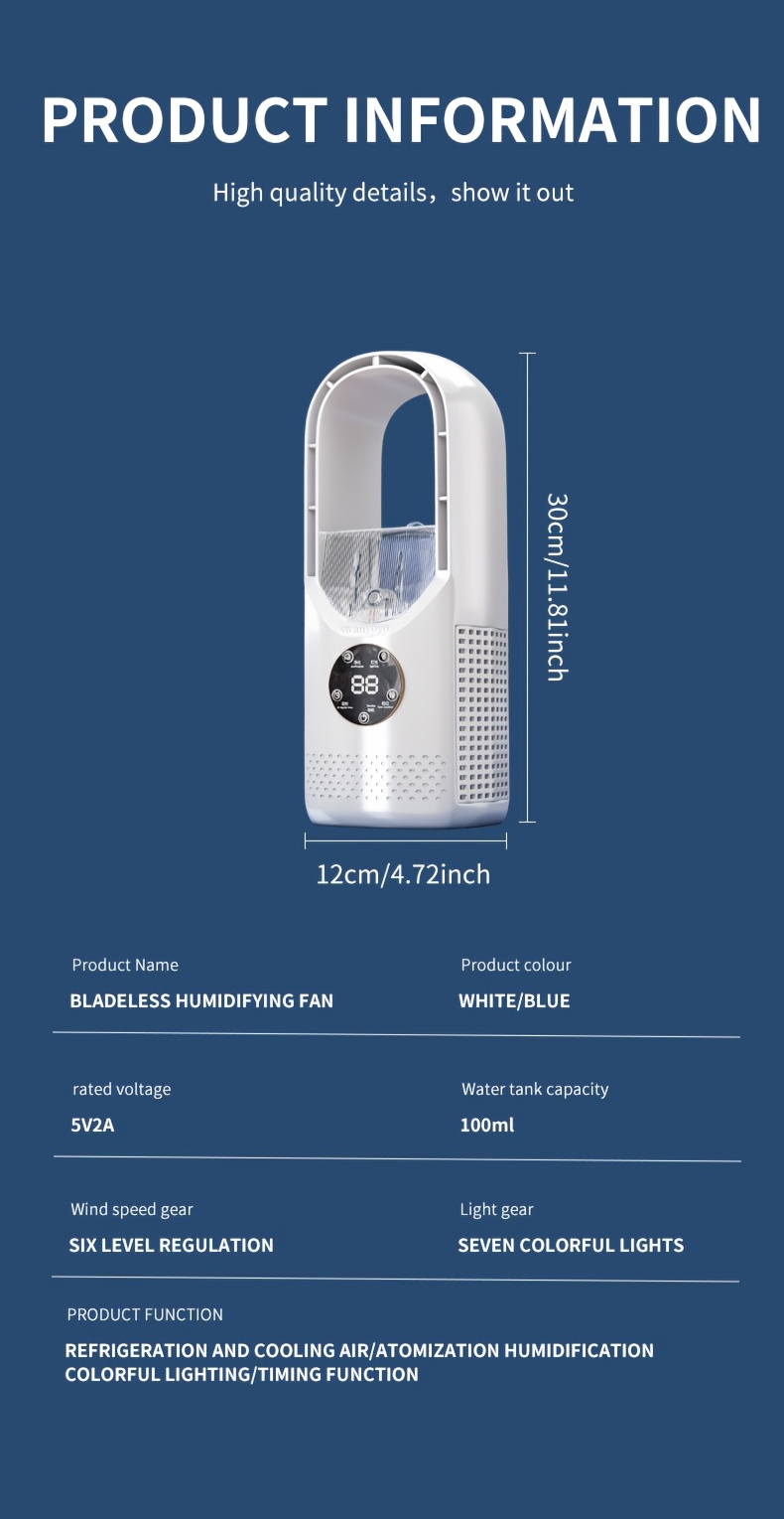 portable air conditioning fan usb tower fan desktop bladeless fan with water     led ambient light timer and smart       camping and   Product details 15