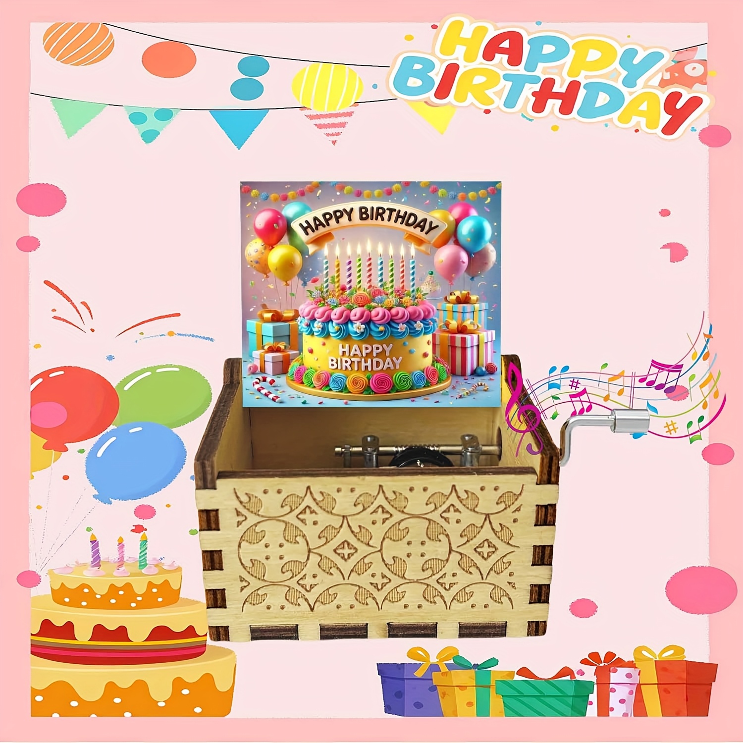 E-shop 1 Stück Handkurbel-Vintage-Musikbox – „Happy Birthday“-Gravur mit buntem Ballon & Kuchen-Design, Naturkiefernholz-Romantische Deko für