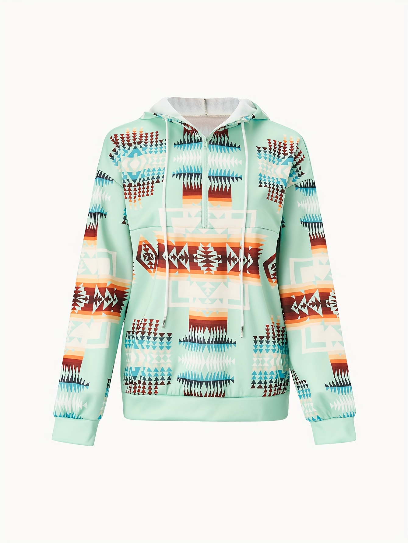 Ethnic Aztec Print Drawstring Hoodie, Casual Half Zip Long Sleeve  Sweatshirt, Women's Clothing