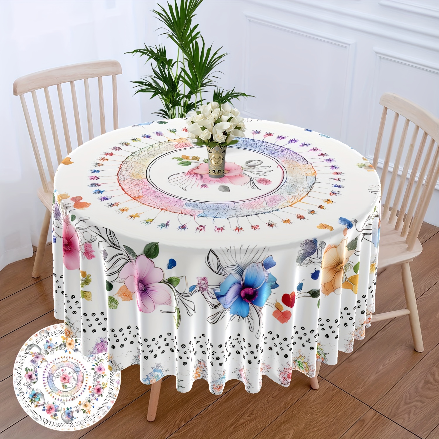 TEMU Floral Polyester Round Tablecloth - 63