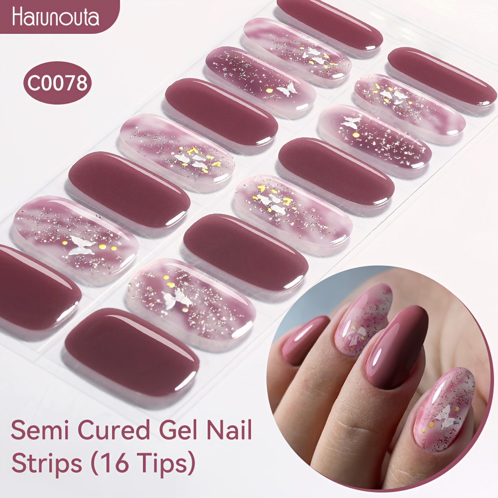 Harunouta 16strips Semi Cured Gel Nail Strips Jelly Gradient Gel Nail Stickers Purple French Self Adhesive Gel Nail Wraps Long Lasting Full Cover Sticker Manicure C0075/c0076/c0077/c0078