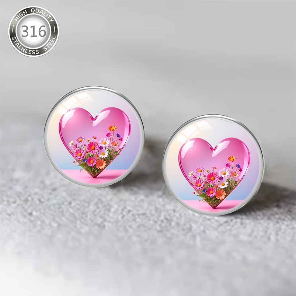 Pink Heart-Shaped Earrings with Daisy Pattern for Women