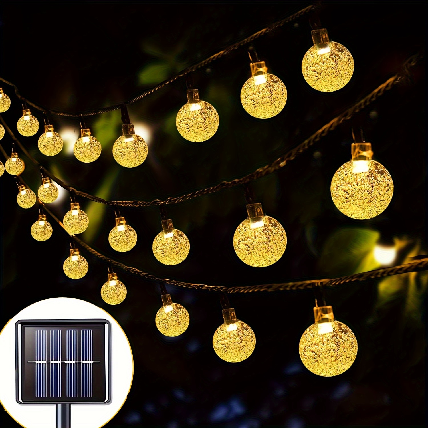 Solar String Lights, Fairy Lights, Solar IP65 Large Bubble Ball String Lights, Large Crystal Ball Solar Garden Lights with 8 Functions, 10/20/50/100 LEDs in Warm White, Color, Blue, Purple, Five Colors for Christmas, Halloween, Holiday Decorations
