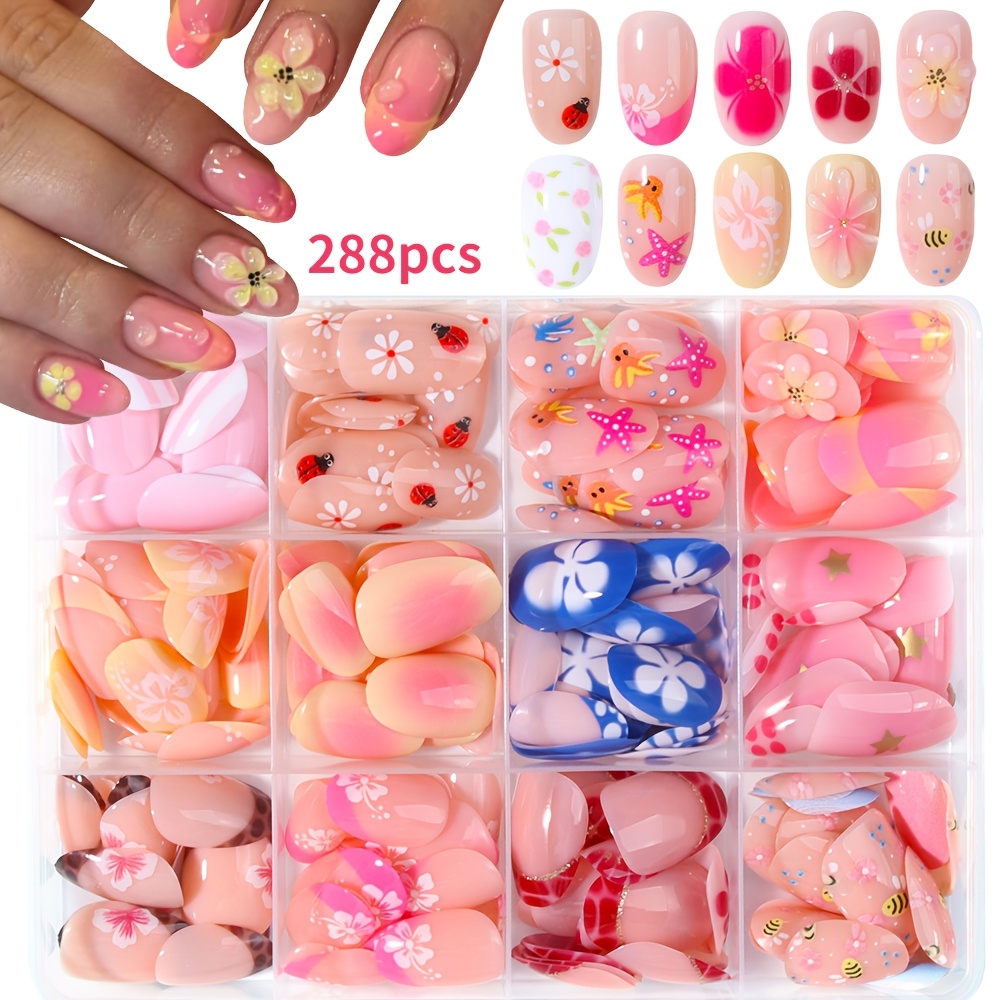 TEMU Y2k Nails, Enhancing Temperament 288pcs Short Oval Nails Multicolor 3d Flower Different Colors Set False Nail Stickers, Press-on Nails, Glossy