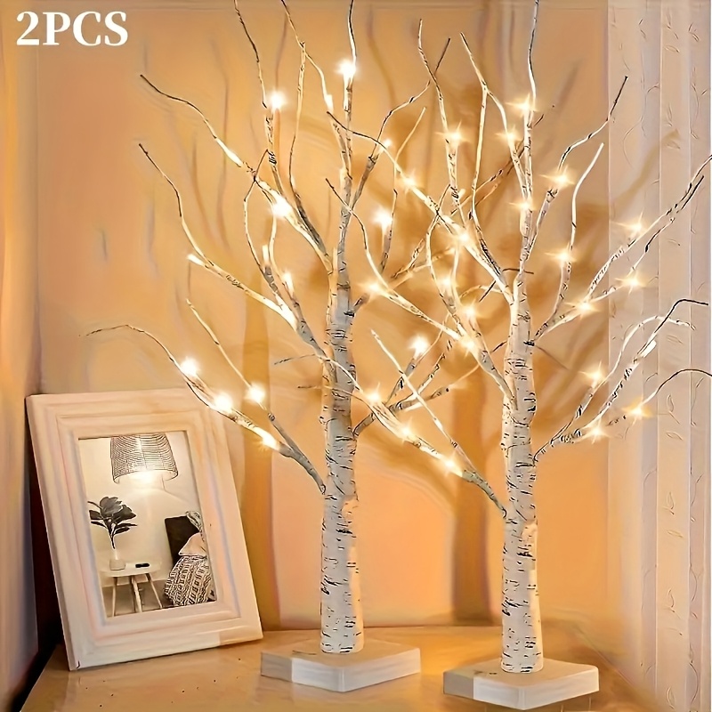 2 2-foot Birch Led Tree Lights, 24 Led Easter Flashing Tree And Fairy Lantern Decorations, Christmas Festival Trees, Home Interior Decoration, Valentine's Day Atmosphere Gift Set