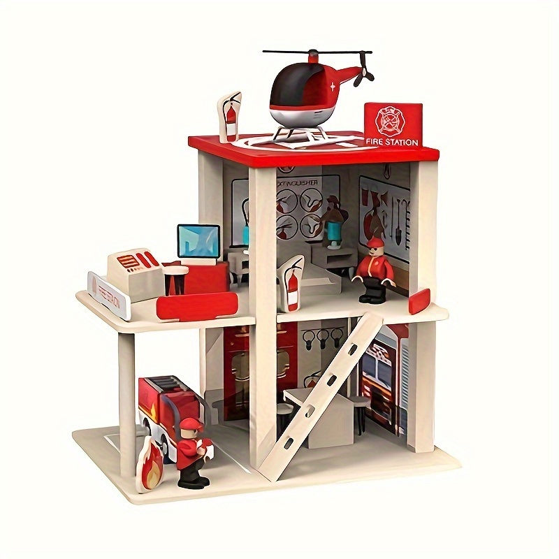 

Wooden Playset, 3-level Pretend Play Dollhouse With Figures, Truck, Helicopter And Accessories, Preschool Learning Educational Toys For Christmas, Halloween Gift