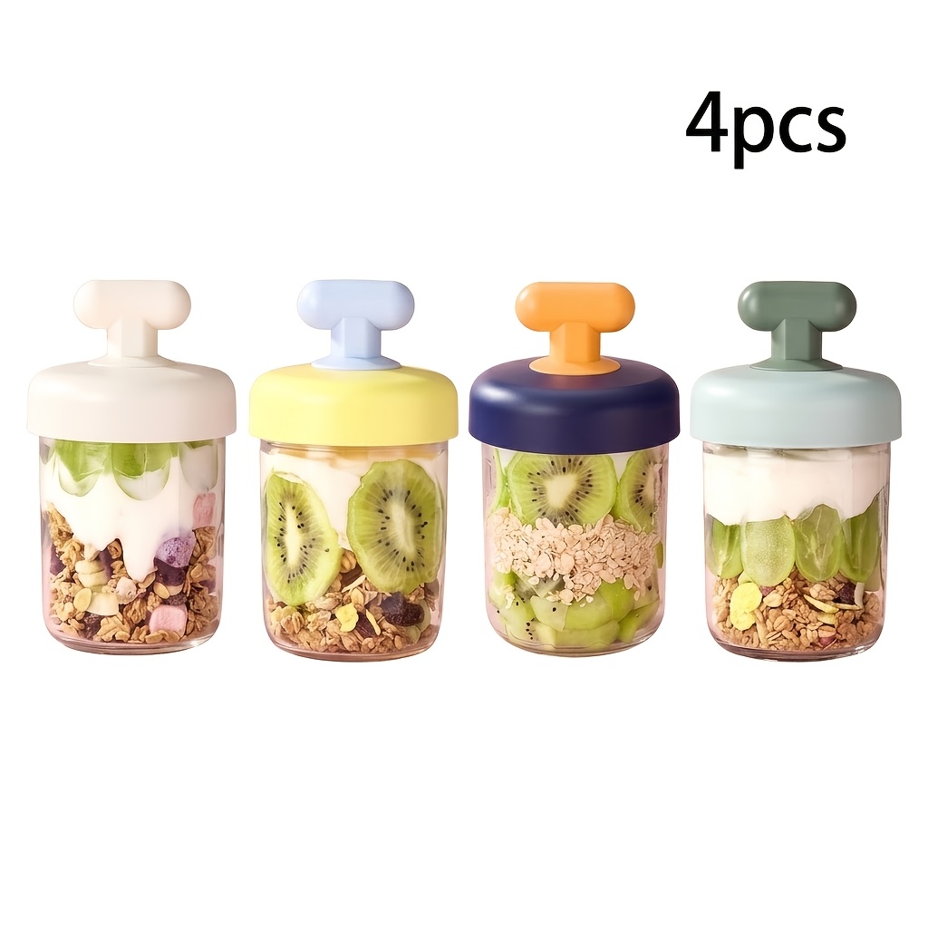 TEMU 4-pack Multi-colored Glass Overnight Oats Containers, Portable Leakproof Breakfast Yogurt Cups With Lids And Spoons, Multipurpose Cup For