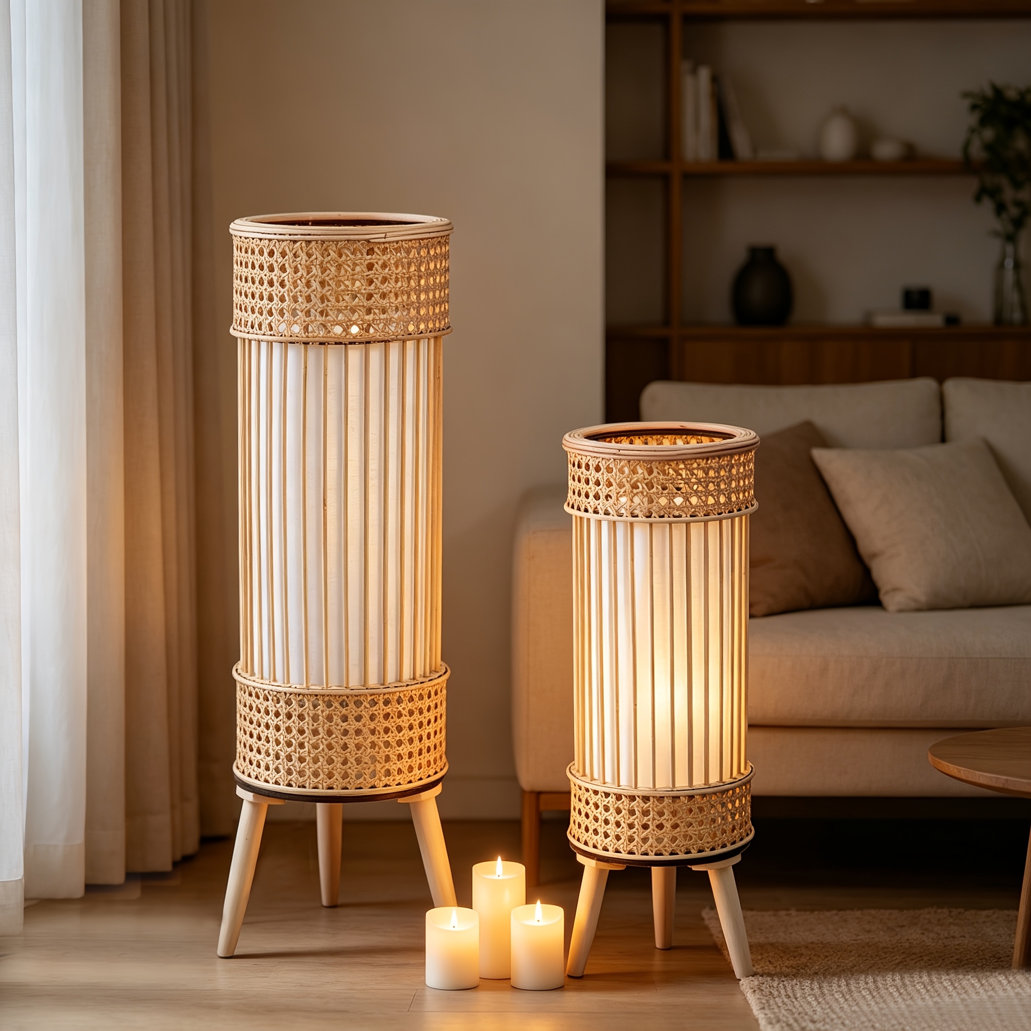 Retro High-End Handmade Rattan Woven Lantern, Creative Columnar Candle Holder, Festive Romantic Atmosphere Decoration, Christmas Decoration, Living Room Bedroom Accent Wind Lantern Ornament