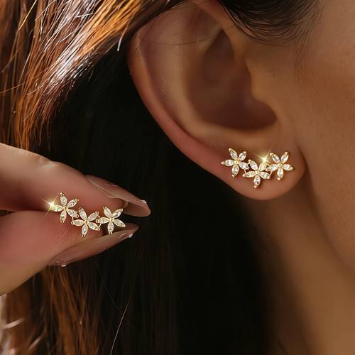 a pair of elegant and sparkling spliced floral copper earrings featuring a simple five petal suitable for womens daily casual wear and vacation outfits