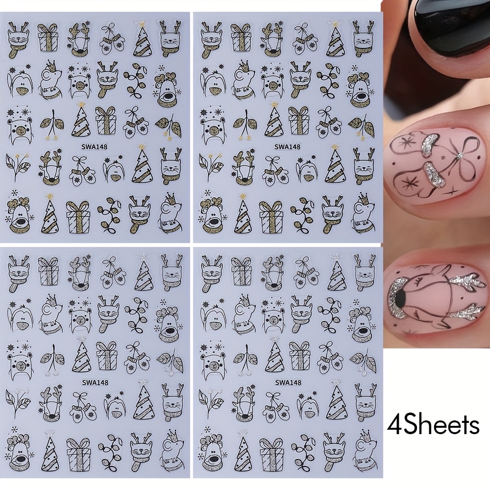 Image of 4 Sheets Glitter Shiny 3d Christmas Nail Art Stickers Painting Cartoon Deers Cats Cute 3d Nail Art Stickers Decals Christmas Trees Festive Sliders Diy Manicure Decorations