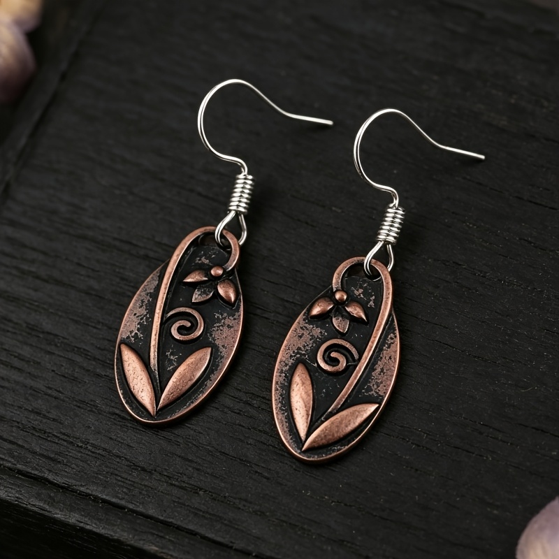 TEMU 1 Paire de Petits Boucles d'Oreilles Défraîchies en Alliage de Ovale 3D Floral en Relief de Cuivre Antique
