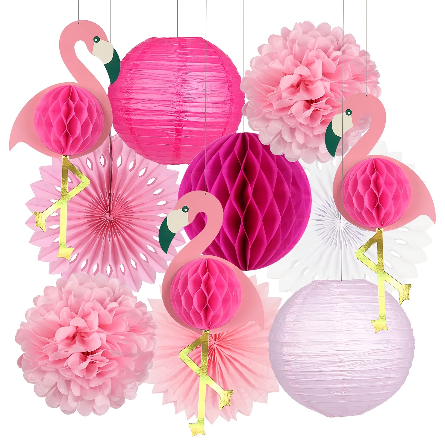 Image of 11pcs Tropical Party Decorations Pink Flamingo Party Supplies Pom Poms Flowers Tissue Paper Lanterns For Hawaiian Summer Beach Luau Party, For Christmas, Halloween