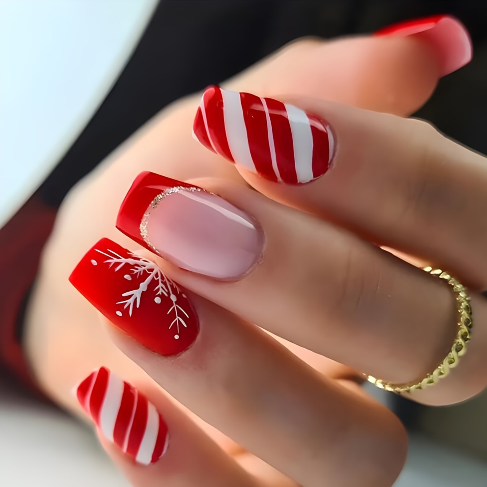 

24pcs Christmas Press On Nails Set - Short Ballet Fake Nails With Red & White Stripe, Glitter, And Holiday Elements - Glossy Finish For Women