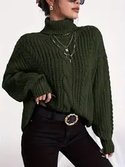 Cable Knit Turtleneck Sweater, Versatile Long Sleeve Simple Loose ...