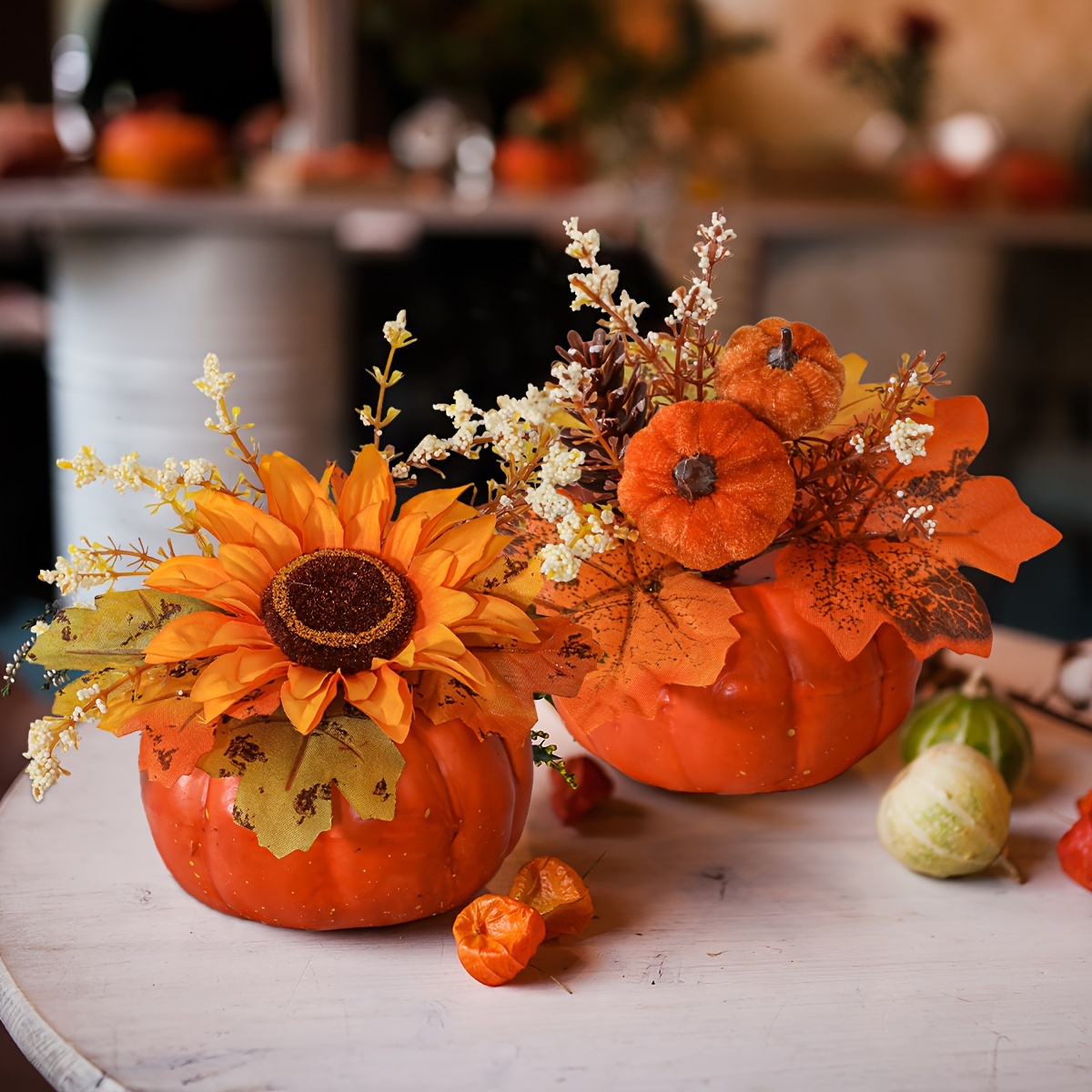 

1pc Vibrant Orange Sunflower & Maple Leaf Halloween Pumpkin Centerpiece - Pe Material, Tabletop Decor, Outdoor Parties, And