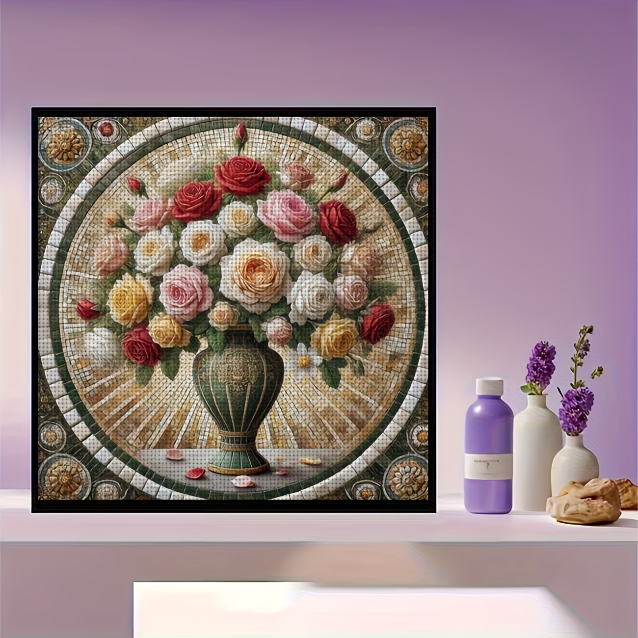 DIY Cross Stitch Print Kit, Frameless "Mosaic Vase with Flowers" Pattern