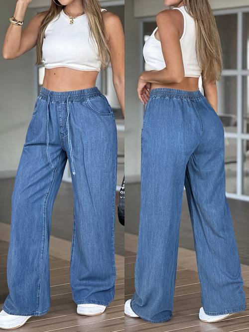 womens high waist straight leg jeans casual non stretch denim pants solid color with drawstring waist for