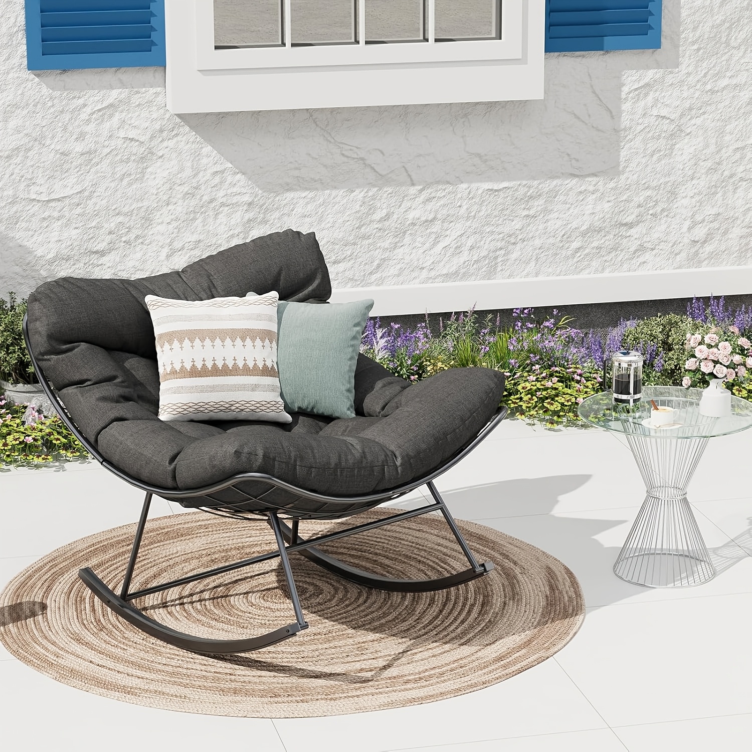 TEMU Sillón mecedora extragrande con cojín y estructura de acero - para uso interior y exterior, carga : 120 kg, , , , dormitorio