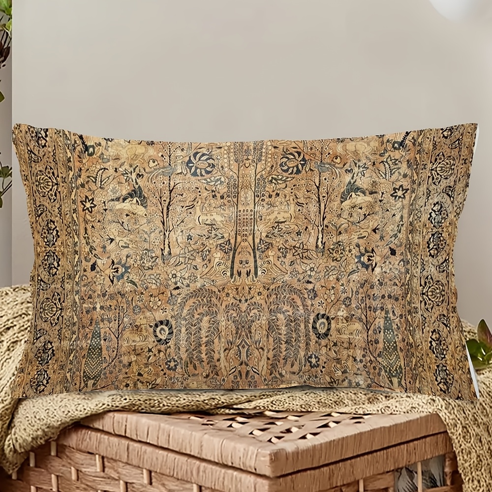 TEMU 1pc Vintage Persian Garden Animal Print Pillow Cover, Short Plush, Double-sided 30.48x50.8cm, Zipper Closure, Sofa, Living Room, Bedroom Decor,