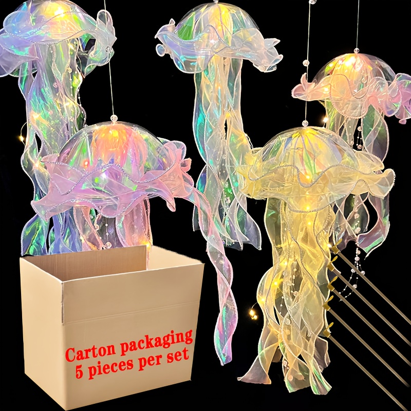 TEMU 5/10pcs Jellyfish Lantern Party Decorations - Colorful Translucent Ribbon Lights For Halloween Christmas Weddings Birthdays, Indoor Outdoor