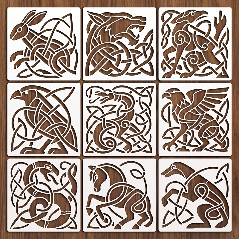 TEMU 9 Piezas de Plantilla de Pintura Animal con Nudo Celta, 6 Pulgadas Reutilizable, Diseño Vintage de Nudo Celta para Artesanías DIY, Decoración