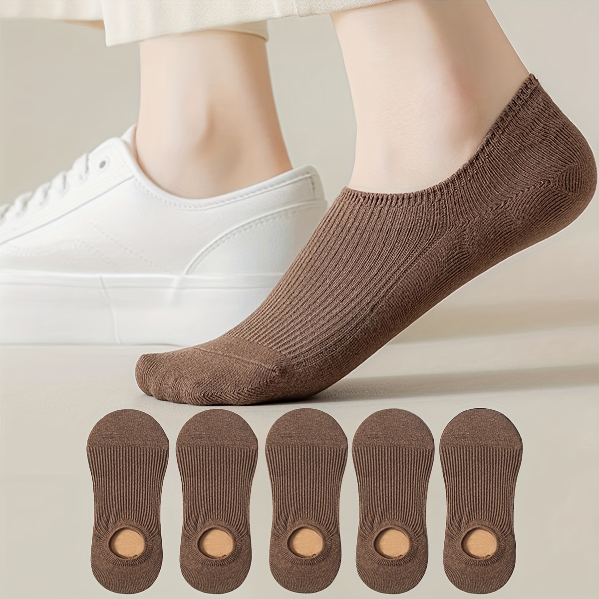 E-shop 5-Pack Sommer Kaffeebraune Modische Vintage Vielseitige Bequeme Einfache Weiche Unsichtbare Socken für Damen