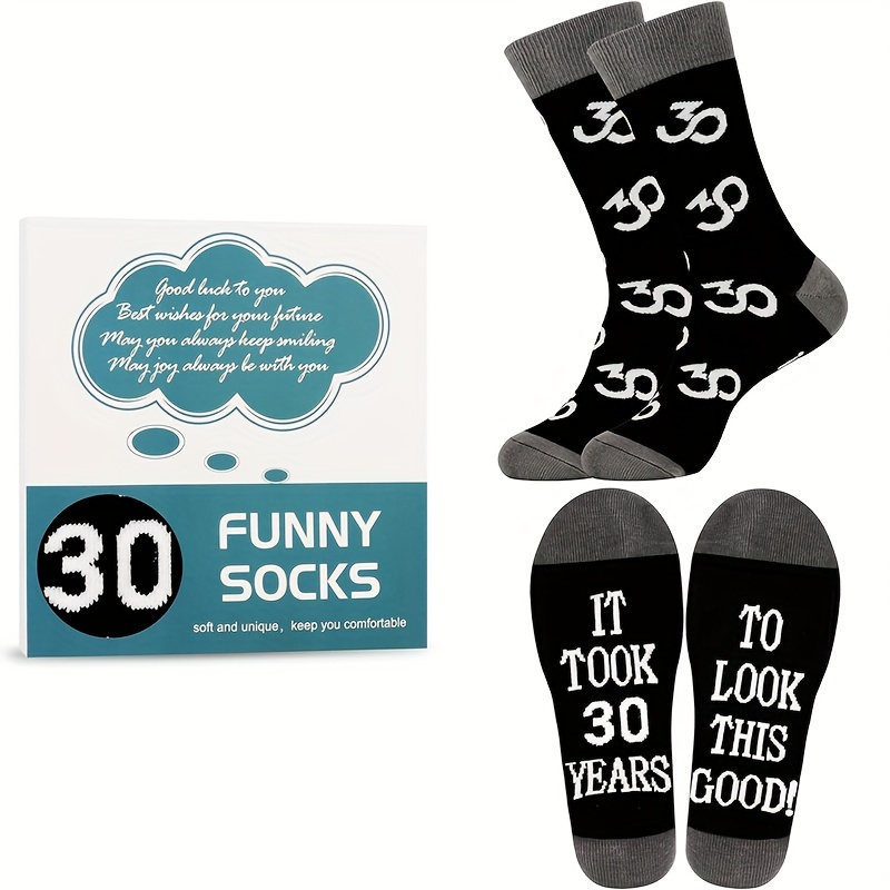 

1piar Of Men's Novelty 30th Birthday Letter Pattern Graphic Breathable Cotton Blend Comfy Mid Crew Socks For Autumn Winter Daily Wear, Birthday Gifts