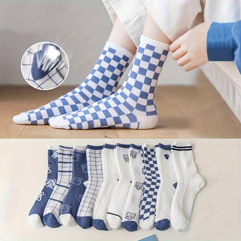 

10 Pairs Of Blue And Women's Mid-calf Socks, Breathable And Sweat Absorbent, Trendy And , Casual Socks, Sports Socks, Korean Style, , College Style, Girl's Socks