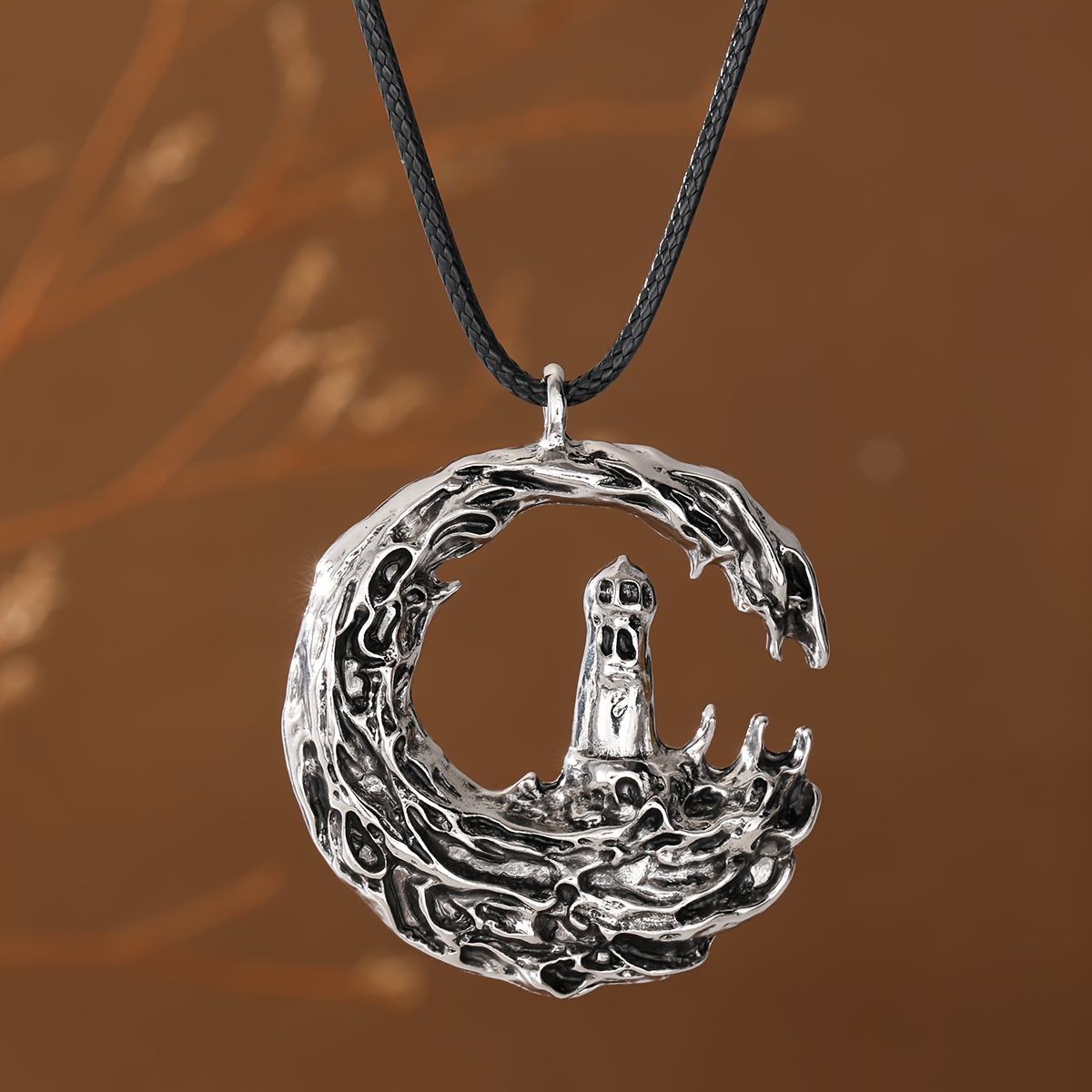 TEMU Vintage-style Distressed Ocean Wave Lighthouse Cord Pendant Unisex Necklace, Suitable For Parties, Gatherings, Gifting To , And Daily Outfits