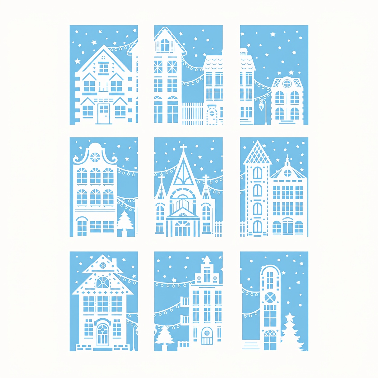 Image of 9 Sheets Christmas Village Window Clings, White Winter House And Building Silhouette Decals With Snowflakes, Stars And String Lights, Festive Glass Decorations For Home, Shop Window