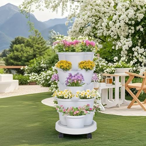 a high quality 5 tier vertical garden planter single tray stackable with wheels suitable for strawberries herbs flowers vegetables multifunctional gardening mobile gardening unit large outdoor plant pot