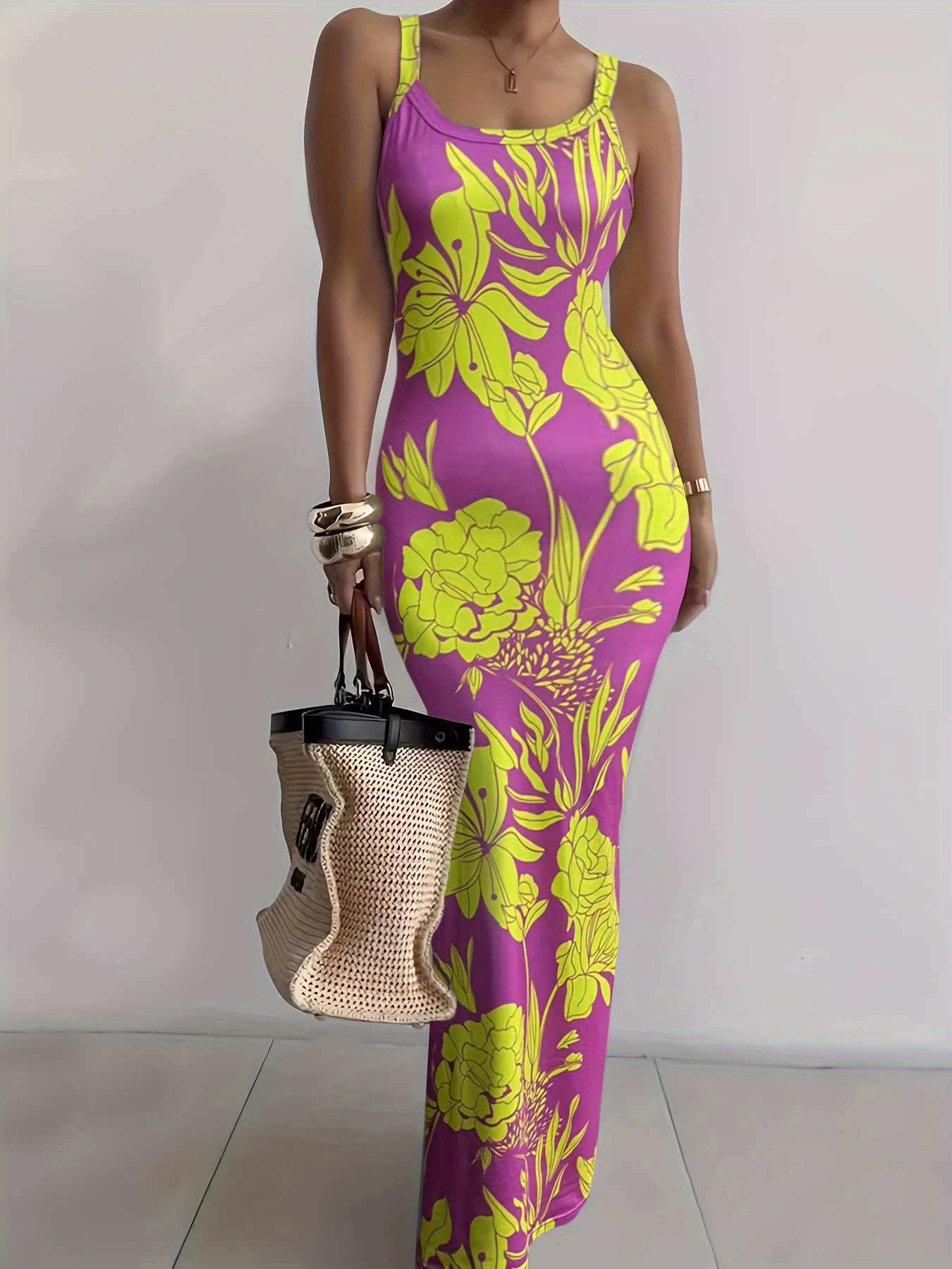 Women's Sleeveless Long Dress - Vibrant Floral Print Bodycon Midi Dress  with Round Neck, Machine Washable & Medium Stretch for * Casual to Formal  Wear, Tight Fitted Dress, Formal Attire, Middle ...