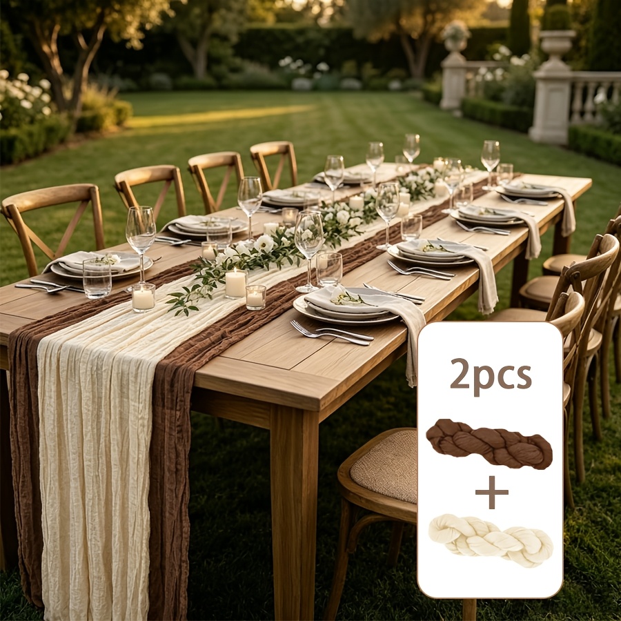 TEMU 2pcs Set And Beige Cheesecloth Table Runner, Rustic Sheer Bohemian Table S, Suitable For Spring/summer Mother's Day Table Decor, Bridal Wedding