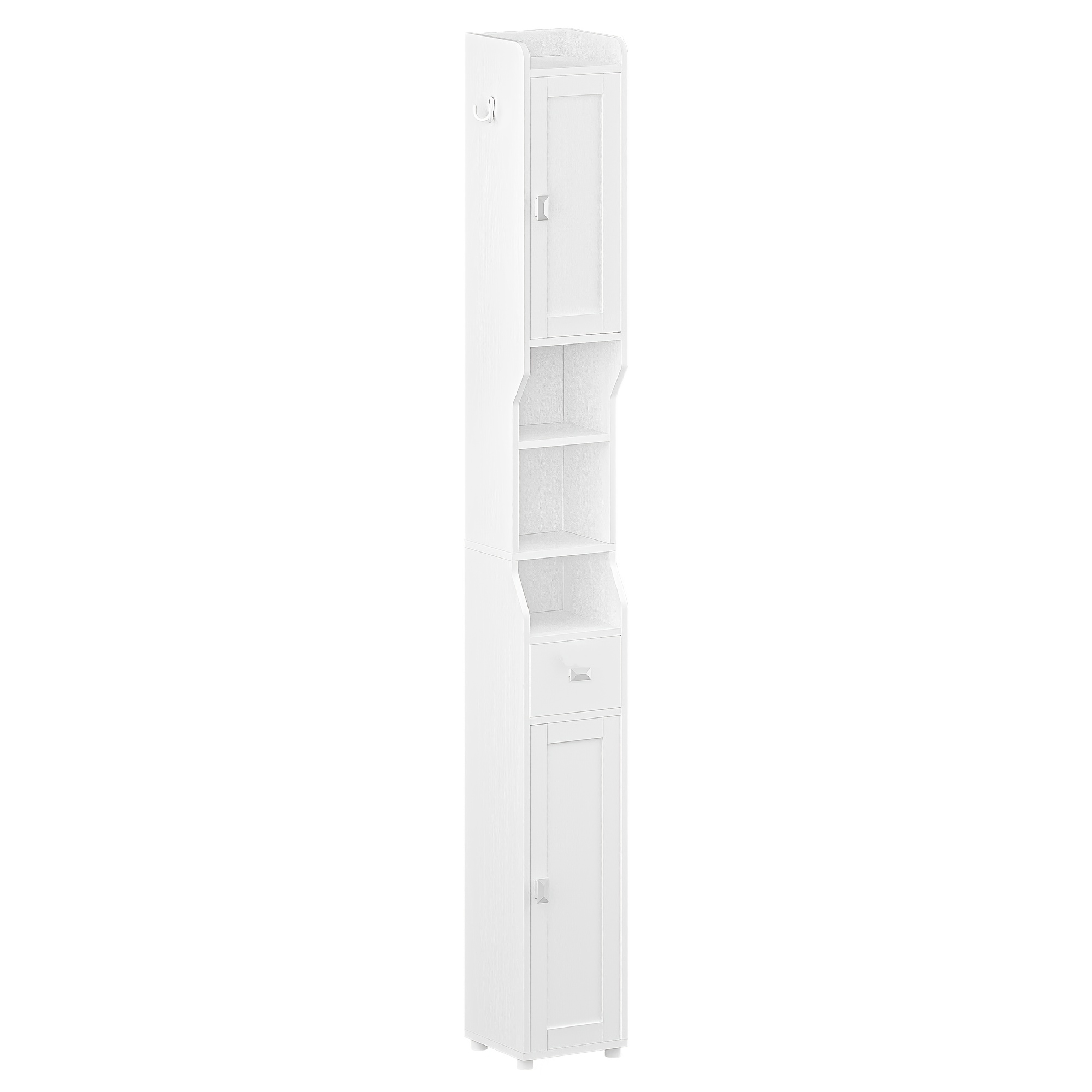 Bathroom Cabinet, Narrow High Bathroom Cabinet, Tall Bathroom Cabinet, Bathroom Cabinet With 2 Doors And 1 Drawer, Adjustable Shelves, Open Compartment, Space- Bathroom Shelf, 20 X 20 X 180cm, White