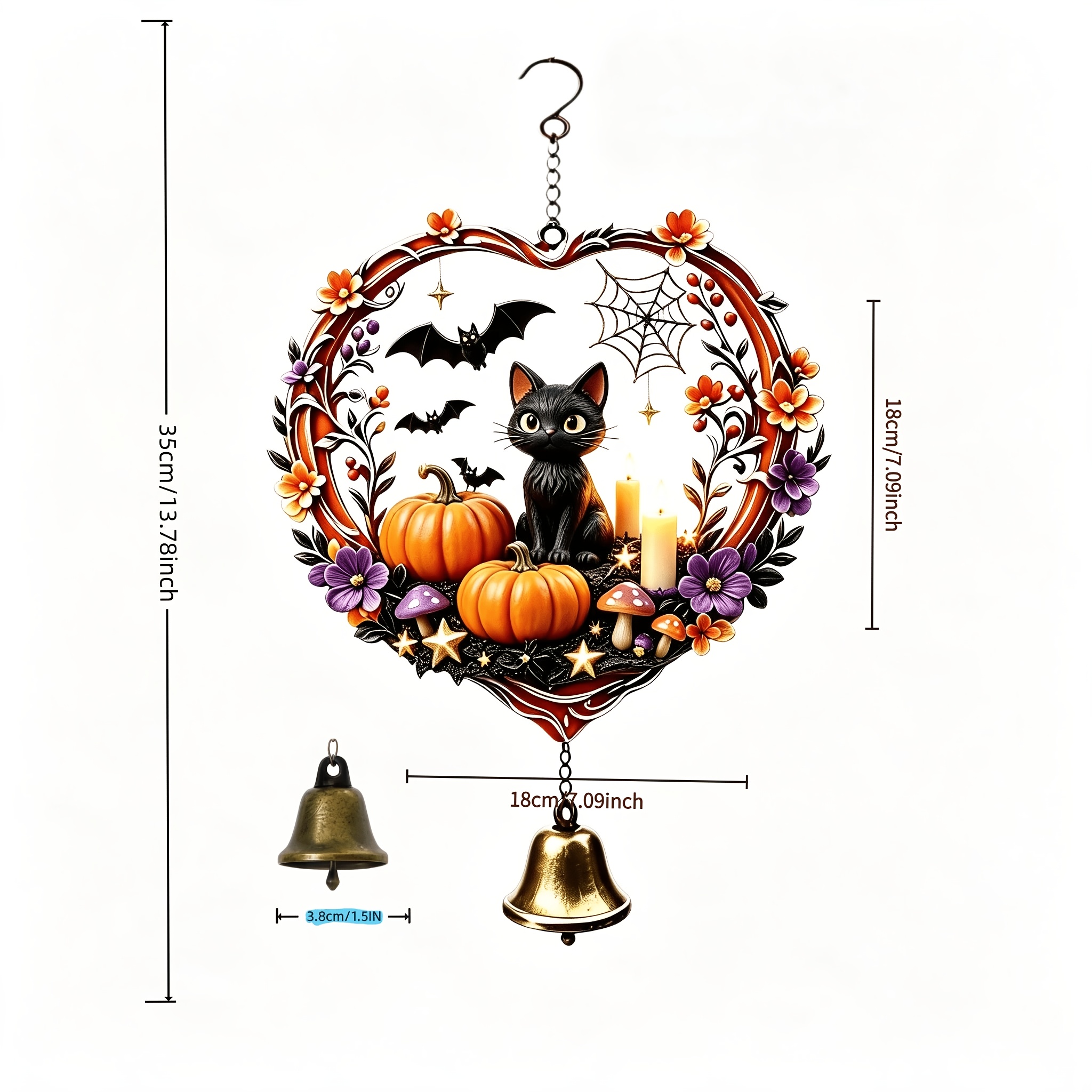 TEMU 1pc Heart-shaped Wreath Black Cat Wind Chime Ornament, Pumpkin Bat Web Halloween Element Decor, Vintage Metal Durable Bell, Wind-blown Soothing