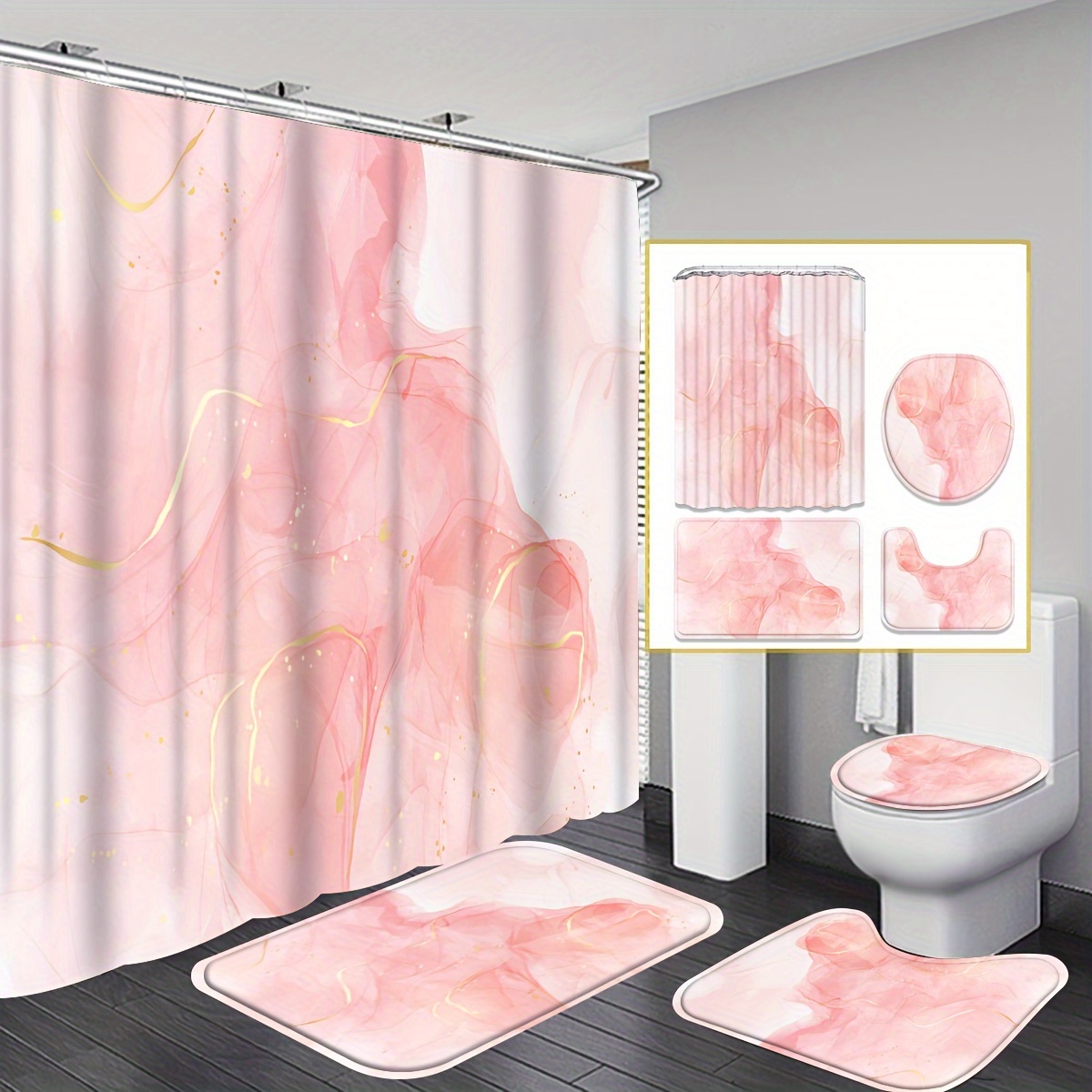 

4 Pcs Rose Pink Liquid Watercolor Background Marble Pattern Shower Curtain Gift Modern Home Bathroom Decor Curtain And Toilet Floor Mat 3 Piece Set With 12 Shower Curtain Hooks