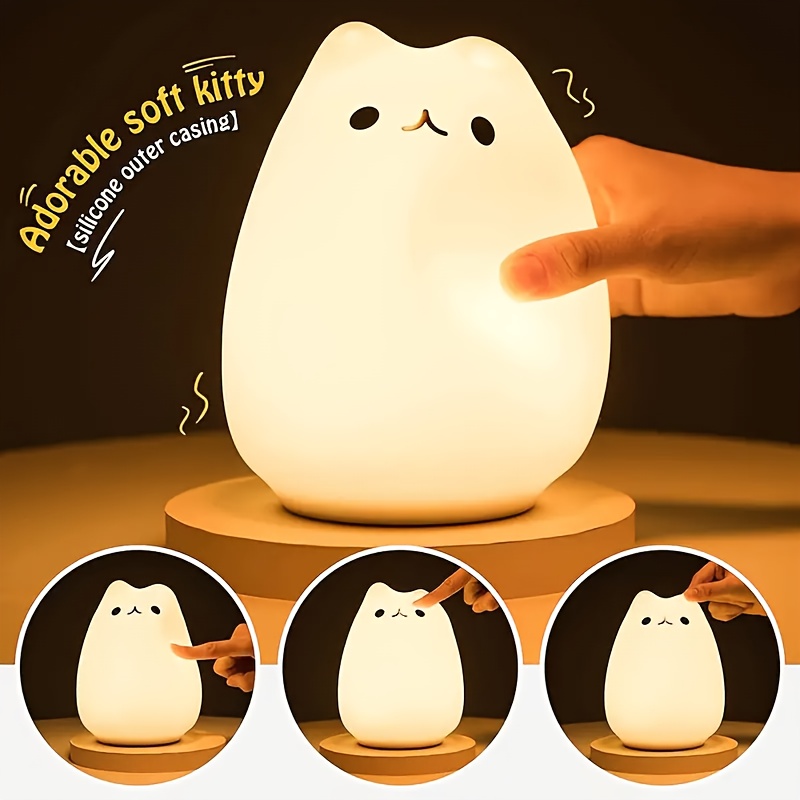 

1pc Adorable Cat Shaped Night Light, 7-color Led Tap Control, 3.54 Inch Silicone Soft Nursery Lamp, Cute Home Decor Gift For Adults, Battery Operated( Not Including Battery)